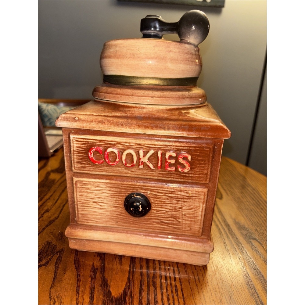 McCoy Brown Ceramic Coffee Grinder Mill Square Shaped Cookie Jar With Lid